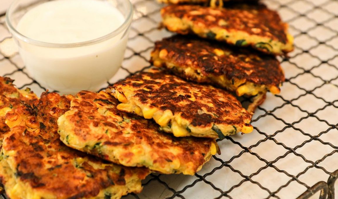 Zucchini, Corn & Haloumi Fritters