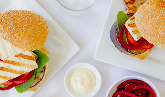 Haloumi & Eggplant Burgers with Sweet Potato Chips