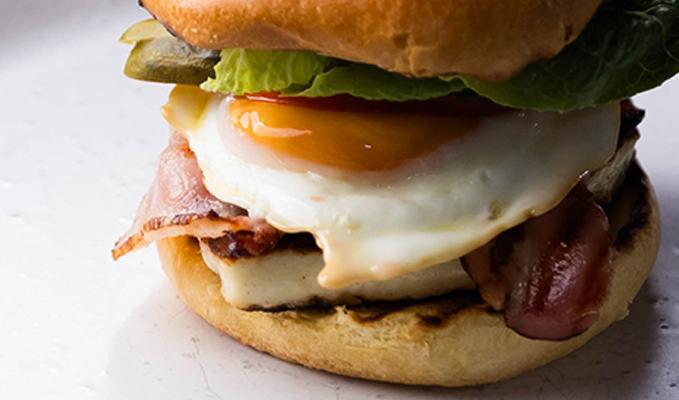 Riverina Dairy 10 Minute Kitchen Haloumi Bacon Burger with the lot